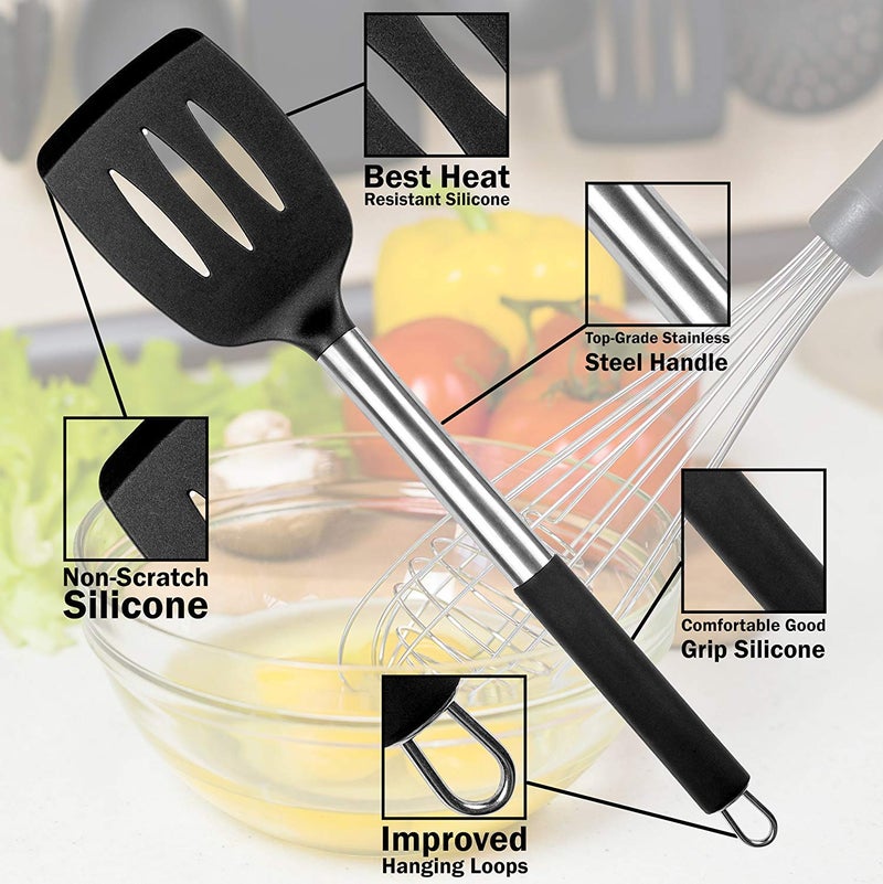 MIBOTE Silicone Kitchen Utensils Set, Cooking Utensils Set with Heat Resistant BPA-Free Silicone and Stainless Steel Handle Kitchen Tools Set (Black) - Image 3